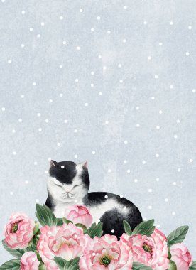 Şirin suluboya kedi ile Tebrik Kartpostalı. Yağ tasarım, kartpostallar, afiş için kar taneleri ile mavi arka plan üzerinde izole kedi.