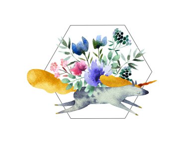 Beyaz arka plan üzerinde izole unicorn ile güzel suluboya buket. Tasarım, kartpostallar, afiş, amblem, logo için suluboya çiçek buketi.