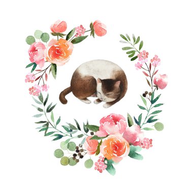 Şirin kedi beyaz arka plan üzerinde izole ile güzel suluboya çelenk. Yuvarlak çiçek suluboya çelenk için tasarım, kartpostallar, afiş, amblem, logo.