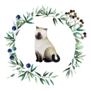 Şirin kedi beyaz arka plan üzerinde izole ile güzel suluboya çelenk. Yuvarlak çiçek suluboya çelenk için tasarım, kartpostallar, afiş, amblem, logo.