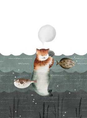 Dalgalar deniz ile balıkçı içinde şirin suluboya kedi denizkızı. Su, tasarım, afiş, kapaklar, kartpostallar, çizimler ve diğer için elle çizilmiş kedi deniz kızı ve deniz.