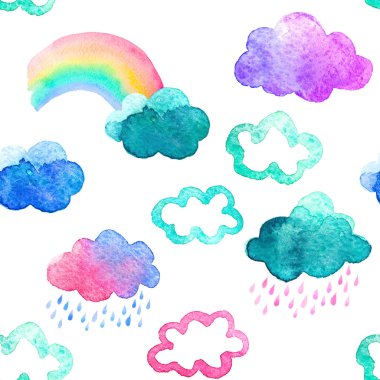 Sevimli yağmur ve rainbow ile suluboya bulutlar. Tasarımınız için beyaz arka plan üzerinde izole suluboya nesnelerle seamless modeli: Tekstil, kumaş, kartpostal.