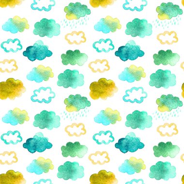 Şirin suluboya bulutlar yağmur ile. Tasarımınız için beyaz arka plan üzerinde izole suluboya nesnelerle seamless modeli: Tekstil, kumaş, kartpostal.