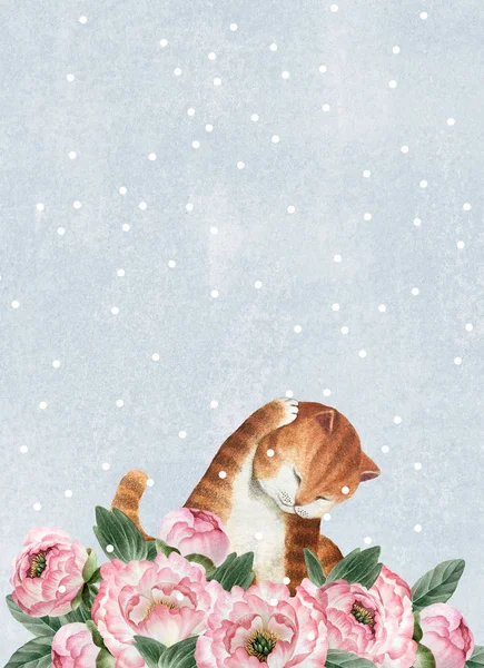 かわいい水彩画猫のポストカード ブルーの背景デザイン ポストカード バナーの雪片に分離されたファット キャット — ストック写真
