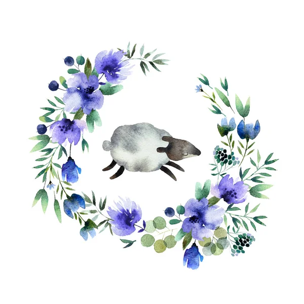 白い背景で隔離の赤ちゃん羊と美しい水彩画の花輪 デザイン ポストカード エンブレム ロゴの丸花水彩花輪 — ストック写真