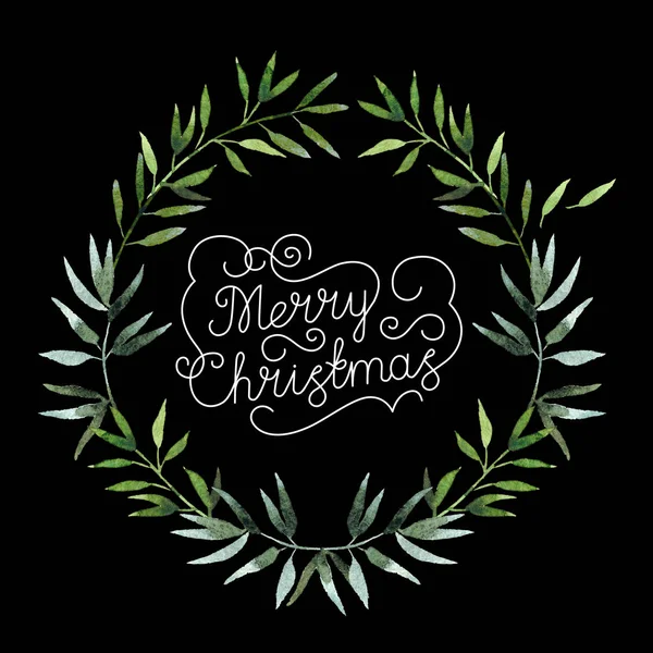 Beautiful watercolor christmas wreath with inscription Merry Christmas isolated on black background. Round floral watercolor wreath for design, postcards, banners, emblems, logo.