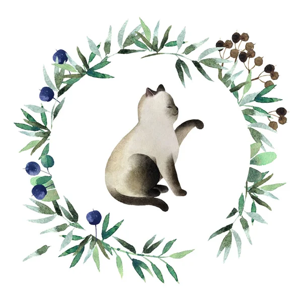 Beautiful Watercolor Wreath Cute Cat Isolated White Background Floral Watercolor — Stock Photo, Image