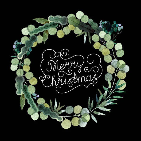 Beautiful watercolor christmas wreath with inscription Merry Christmas isolated on black background. Round floral watercolor wreath for design, postcards, banners, emblems, logo.