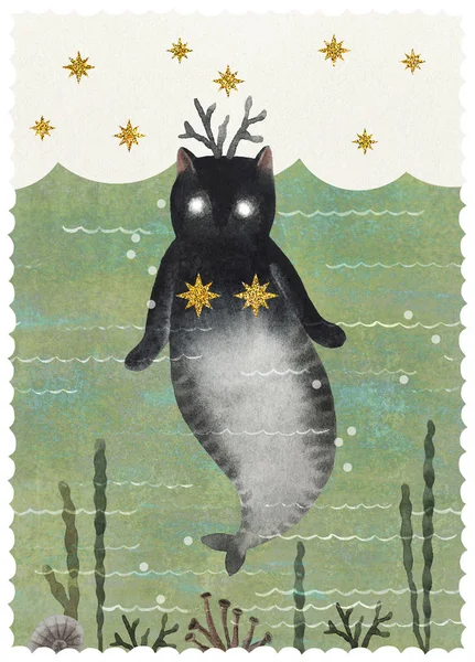 Симпатичная Акварельная Русалка Морских Волнах Золотыми Звездами Ручная Рисованная Кошка — стоковое фото