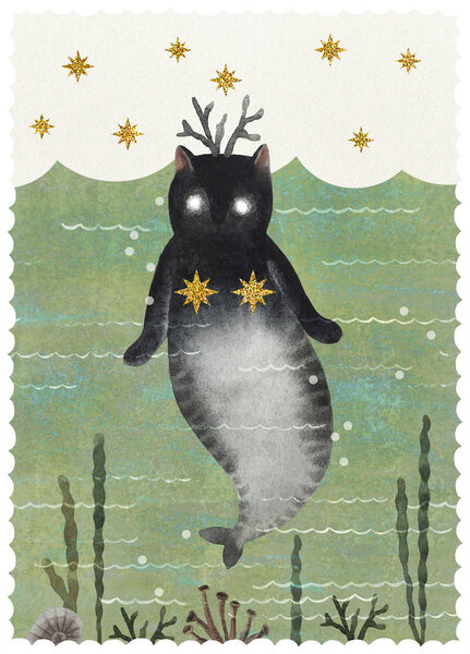 Cute watercolor cat mermaid in the sea waves with golden stars. Hand drawn cat mermaid and sea water for your design, banners, covers, postcards, illustrations and other.