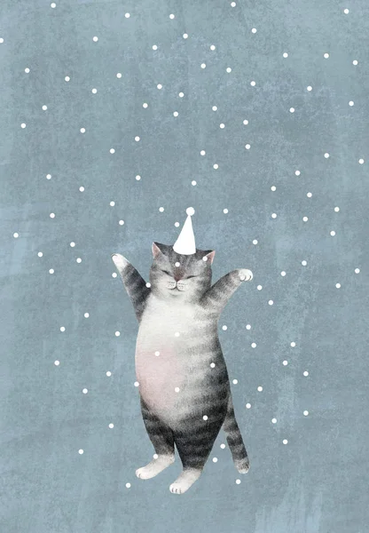 Grußkarte Mit Süßer Aquarell Katze Fette Katze Isoliert Auf Blauem — Stockfoto