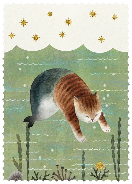 Ładny Kot Akwarela Syrenka Fale Morza Złote Gwiazdy Ręcznie Rysowane — Zdjęcie stockowe