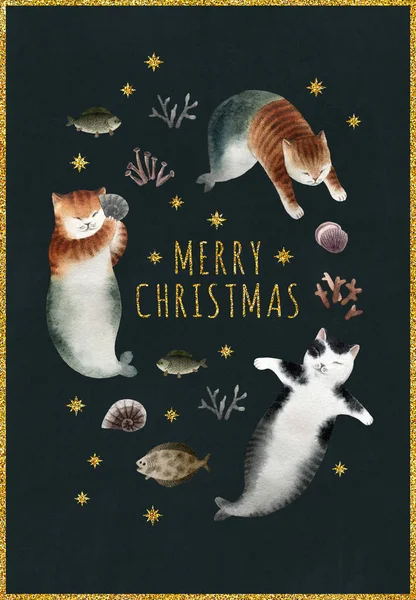 Cartolina Natale Con Set Gatti Set Sirene Gatti Acquerello Stelle — Foto Stock