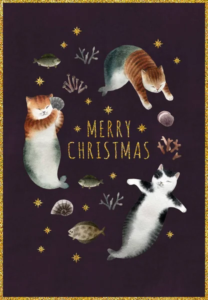 Christmas postcard with set of cats. Set of watercolor cats mermaids, gold glitter stars and fishes isolated on violet background. Ready to print postcard.