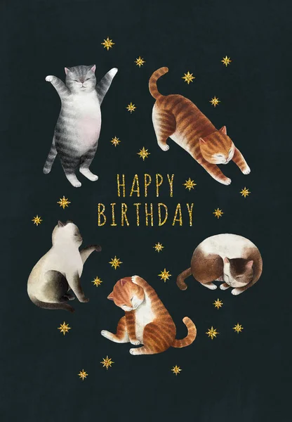 Tarjeta Postal Felicitación Con Juego Gatos Conjunto Gatos Acuarela Estrellas —  Fotos de Stock