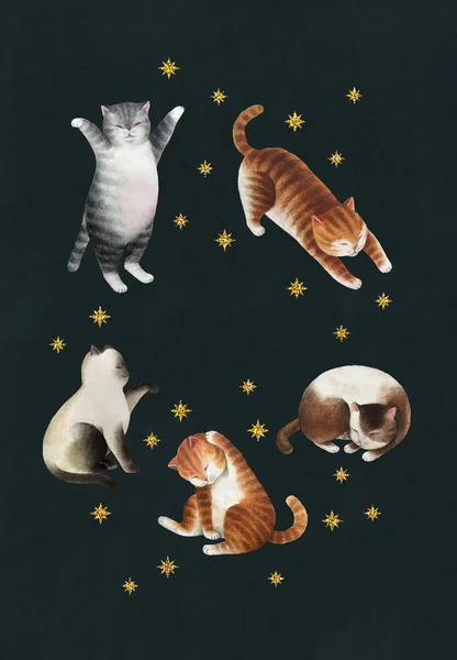 Tarjeta Postal Felicitación Con Juego Gatos Conjunto Gatos Acuarela Estrellas — Foto de Stock