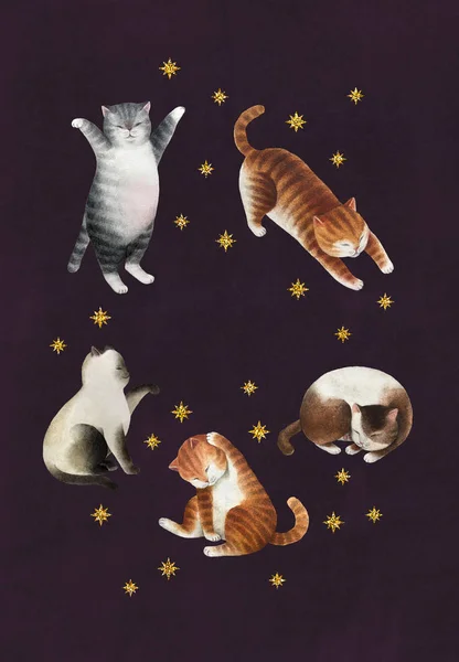 Greeting postcard with set of cats. Set of watercolor cats, gold glitter stars isolated on violet background. Ready to print postcard.