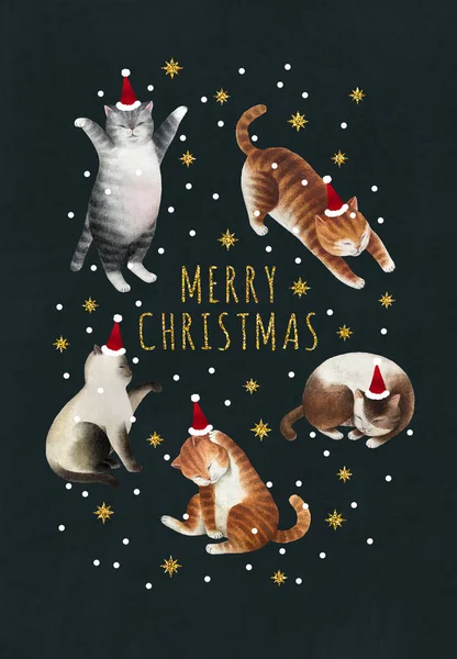 Christmas postcard with set of cats. Set of watercolor cats, gold glitter stars and snowflakes isolated on green background. Ready to print postcard.