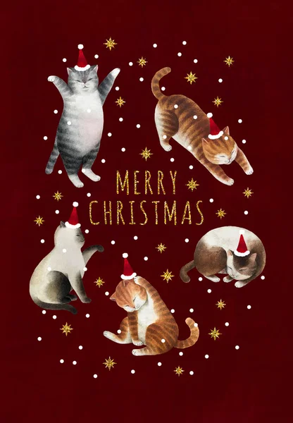 Christmas postcard with set of cats. Set of watercolor cats, gold glitter stars and snowflakes isolated on red background. Ready to print postcard.