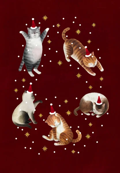 Christmas postcard with set of cats. Set of watercolor cats, gold glitter stars and snowflakes isolated on red background. Ready to print postcard.