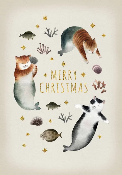 Christmas postcard with set of cats. Set of watercolor cats mermaids, gold glitter stars and fishes isolated on beige background. Ready to print postcard.