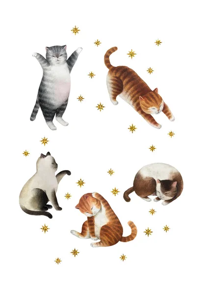Christmas postcard with set of cats. Set of watercolor cats, gold glitter stars isolated on white background. Ready to print postcard.