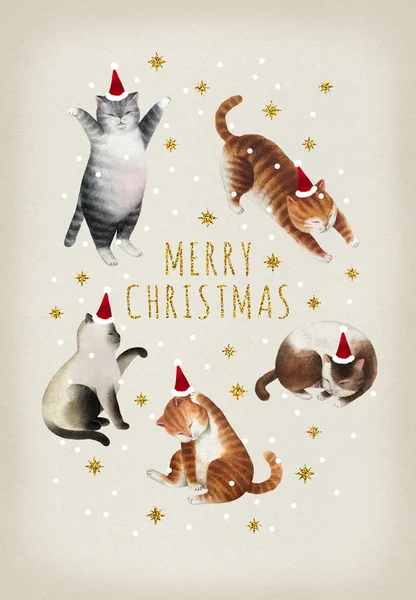 Christmas postcard with set of cats. Set of watercolor cats, gold glitter stars and snowflakes isolated on beige background. Ready to print postcard.