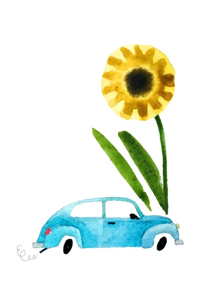 Carro Aquarela Com Flor Desenhada Mão Isolada Fundo Branco Para — Fotografia de Stock