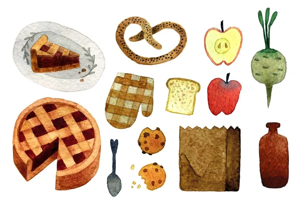 Model, davet, kartpostal, tekstil, kumaş için beyaz arka plan üzerinde izole suluboya elle çizilmiş nesneleri kümesi.