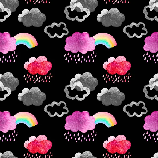 Cute watercolor clouds with rain and rainbow. Seamless pattern with watercolor objects isolated on black background for your design: textile, fabric, postcard.