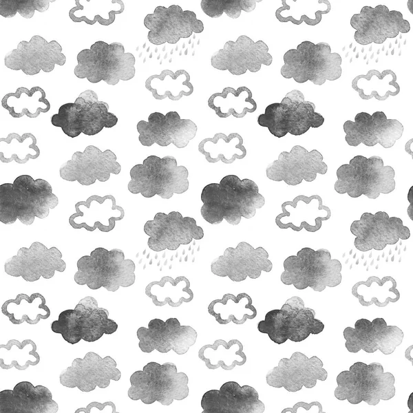 かわいい水彩画雲雨 あなたの設計のための白い背景に分離された水彩画のオブジェクトとのシームレスなパターン はがき — ストック写真