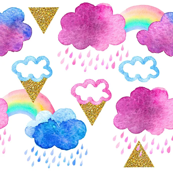 Cute watercolor clouds with rainbow and gold glitter elements. Seamless pattern with watercolor objects isolated on white background for your design: textile, fabric, postcard.