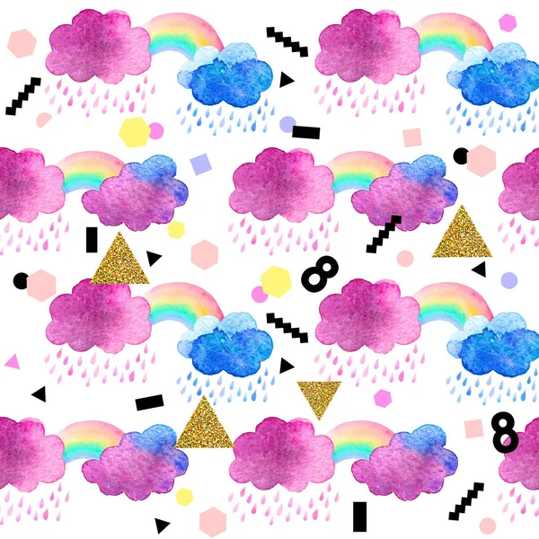 Cute watercolor clouds with rainbow and gold glitter elements. Seamless pattern with watercolor objects isolated on white background for your design: textile, fabric, postcard.