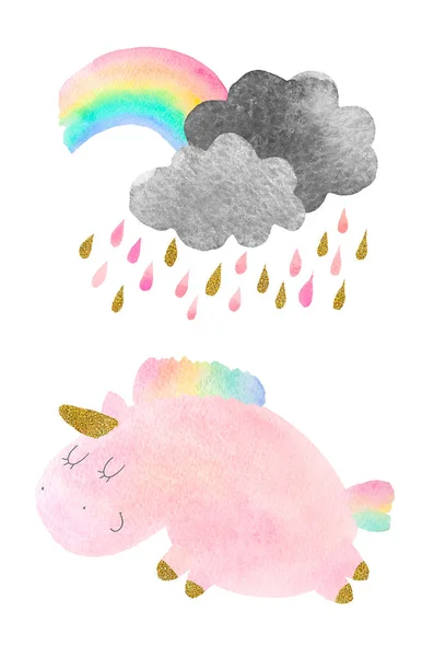 Cute watercolor unicorn and clouds with rainbow. Set of watercolor objects isolated on white background for your design: textile, fabric, postcard, invitation.