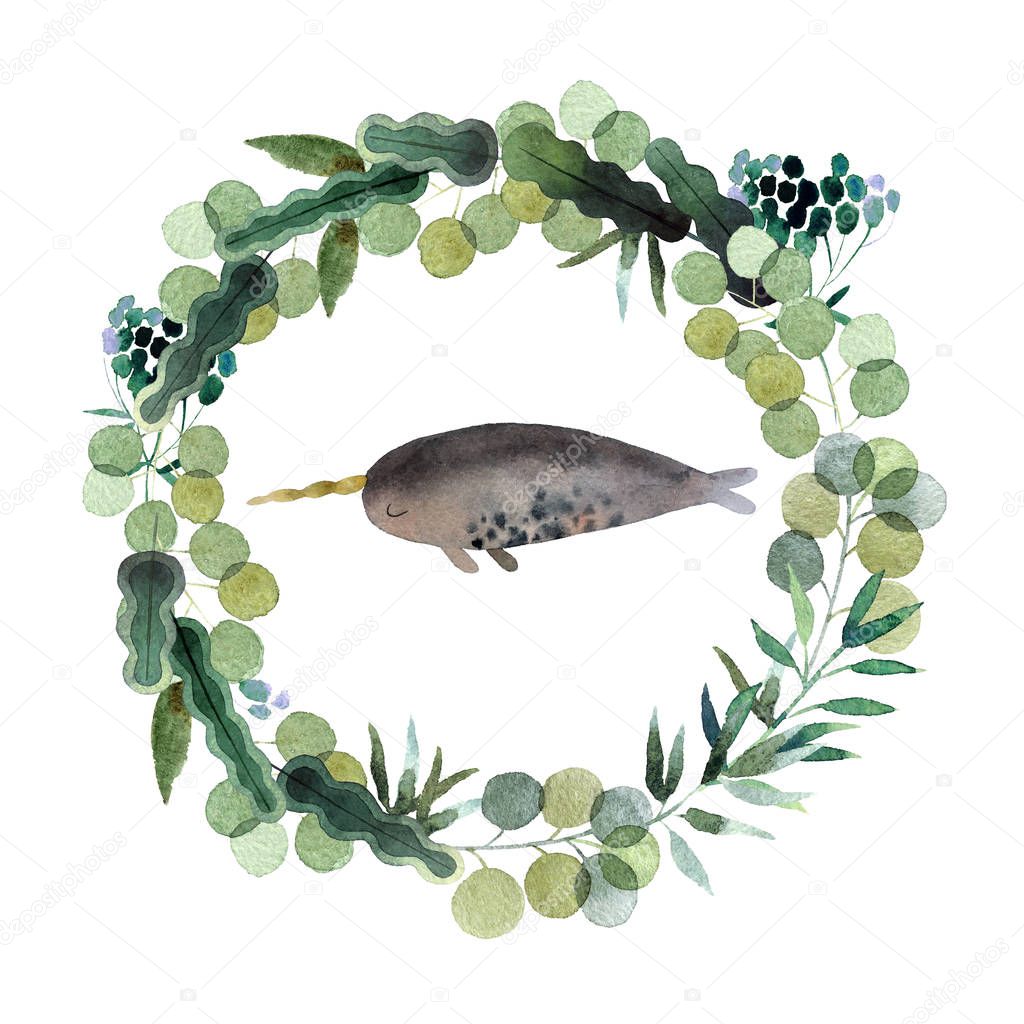 Beautiful watercolor wreath with watercolor narwhale isolated on white background. Round floral watercolor wreath for design, postcards, banners, emblems, logo.
