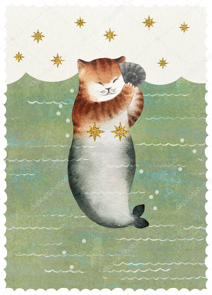 Cute watercolor cat mermaid in the sea waves with golden stars. Hand drawn cat mermaid and sea water for your design, banners, covers, postcards, illustrations and other.