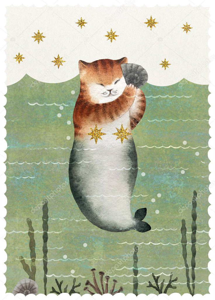 Cute watercolor cat mermaid in the sea waves with golden stars. Hand drawn cat mermaid and sea water for your design, banners, covers, postcards, illustrations and other.