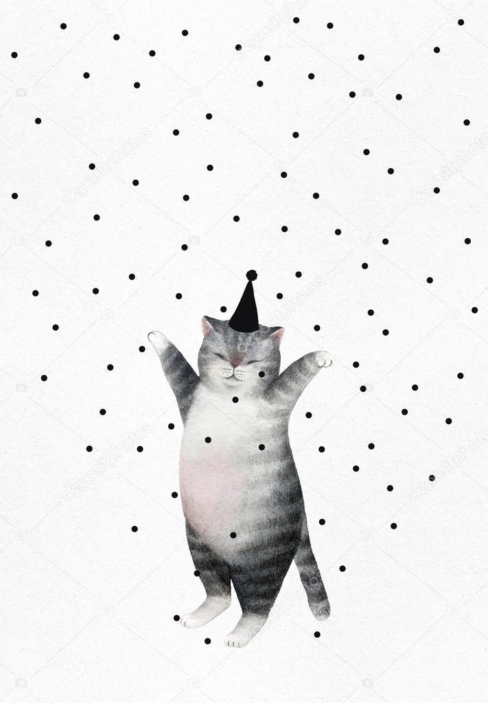 Greeting postcard with cute watercolor cat. Stripped fat cat isolated on white background with confetti for design, postcards, banners.