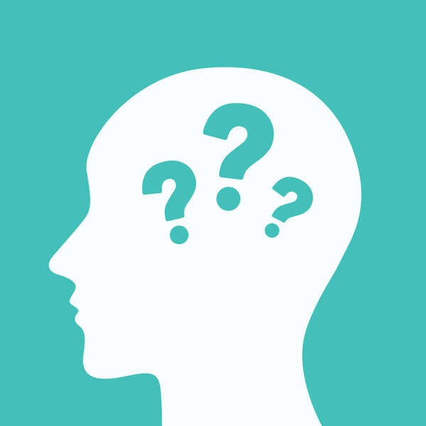 Human head with question marks symbol isolated on background. Doubt concept. Vector stock