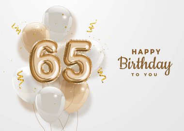65. yaş günün kutlu olsun altın folyo balonu. 65 'inci yıl dönümü logo şablonu... 65. yıl kutlamaları konfetiyle yapılıyor. Vektör deposu.
