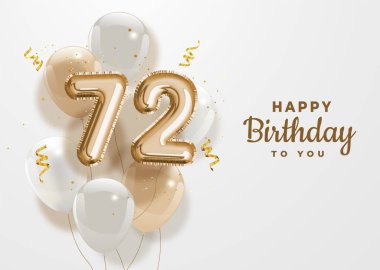 72. yaş günün kutlu olsun altın folyo balonu. 72. Yıl dönümü logo şablonu 72. Konfetiyle kutlama. Vektör deposu.