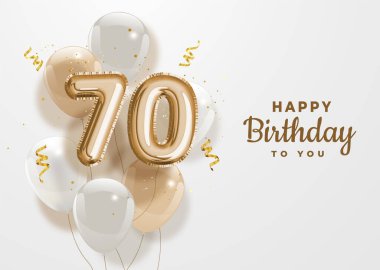 70. yaş günün kutlu olsun altın folyo balonu. 70 'inci yıl dönümü kutlaması. Konfetiyle birlikte 70. yıl kutlaması. Vektör deposu.