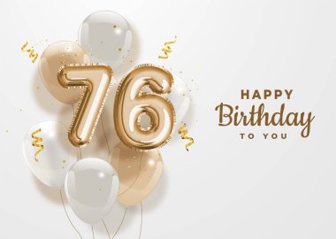 76. yaş günün kutlu olsun altın folyo balonu. 76. Yıl dönümü logo şablonu. 76. doğum gününü konfetiyle kutluyoruz. Vektör deposu.