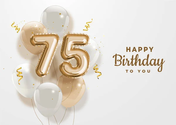75. yaş günün kutlu olsun altın folyo balonu. 75 'inci yıl dönümü logo şablonu konfetiyle 75. kutlamadır. Vektör deposu.