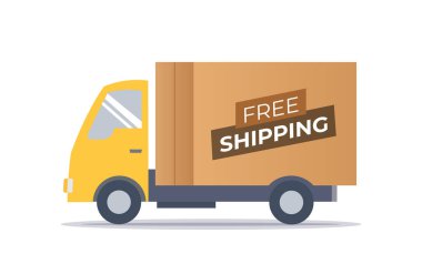 Hızlı ve ücretsiz nakliye kamyonu. Karton bir paket taşıyan bir kargo kamyonu. Vektör deposu