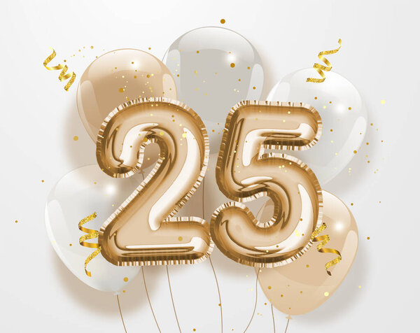 Happy 25th birthday gold foil balloon greeting background. 25 years anniversary logo template- 25th celebrating with confetti. Vector stock.