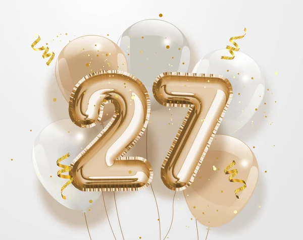 幸せな27歳の誕生日金箔バルーン挨拶の背景 27周年記念ロゴテンプレート コンフェッティで27周年を祝います ベクター株式 — ストックベクタ