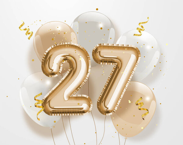Happy 27th birthday gold foil balloon greeting background. 27 years anniversary logo template- 27th celebrating with confetti. Vector stock.