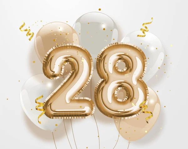 Happy 28Th Birthday Gold Foil Balloon Greeting Background Years Anniversary — Stock Vector