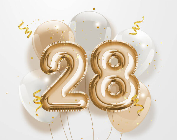 Happy 28th birthday gold foil balloon greeting background. 28 years anniversary logo template- 28th celebrating with confetti. Vector stock.